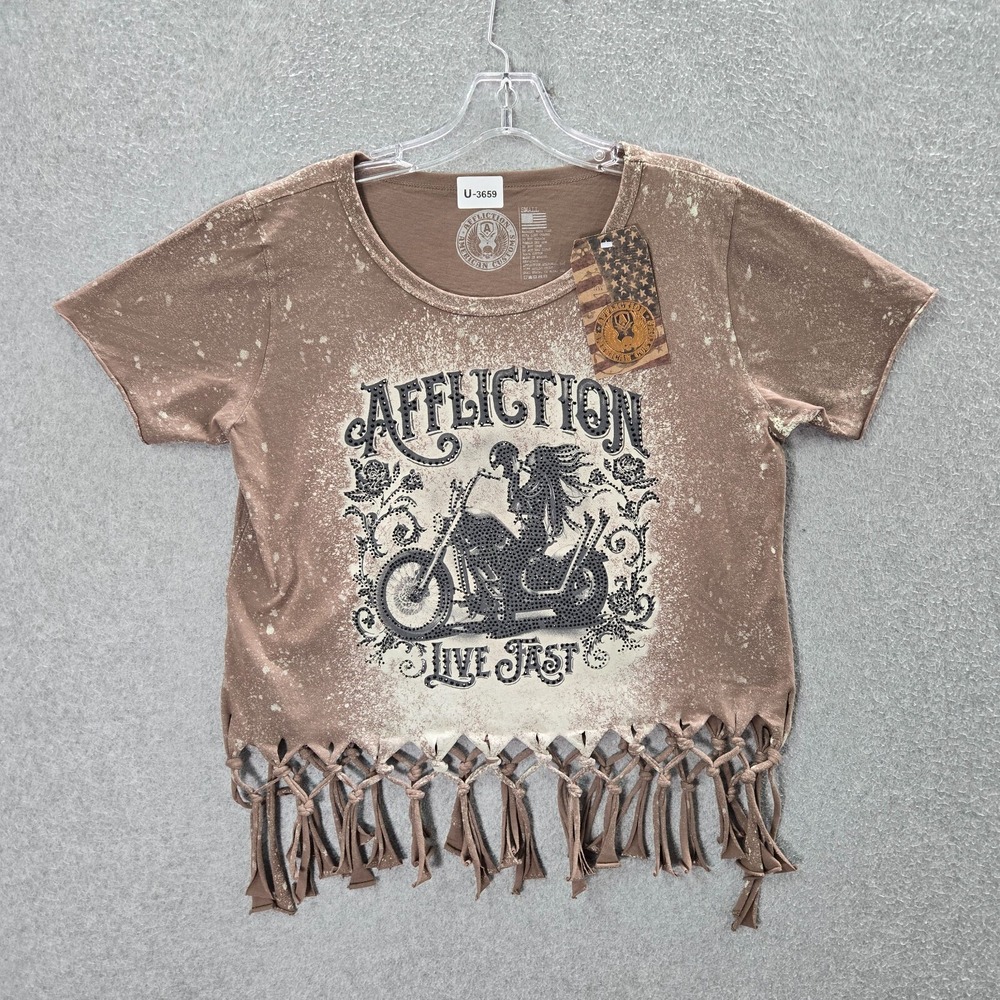 Affliction Women Top S Brown Shirt Logo Moto Girls Grunge Graphic Knotted NWT